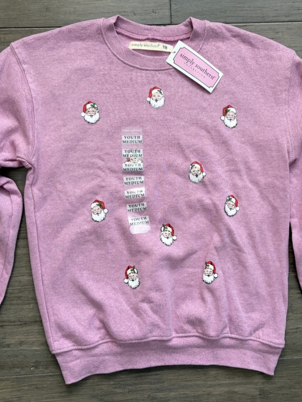 New Simply Southern Youth Med Pink Purple Santa Claus Crewneck Sweatshirt Cozy